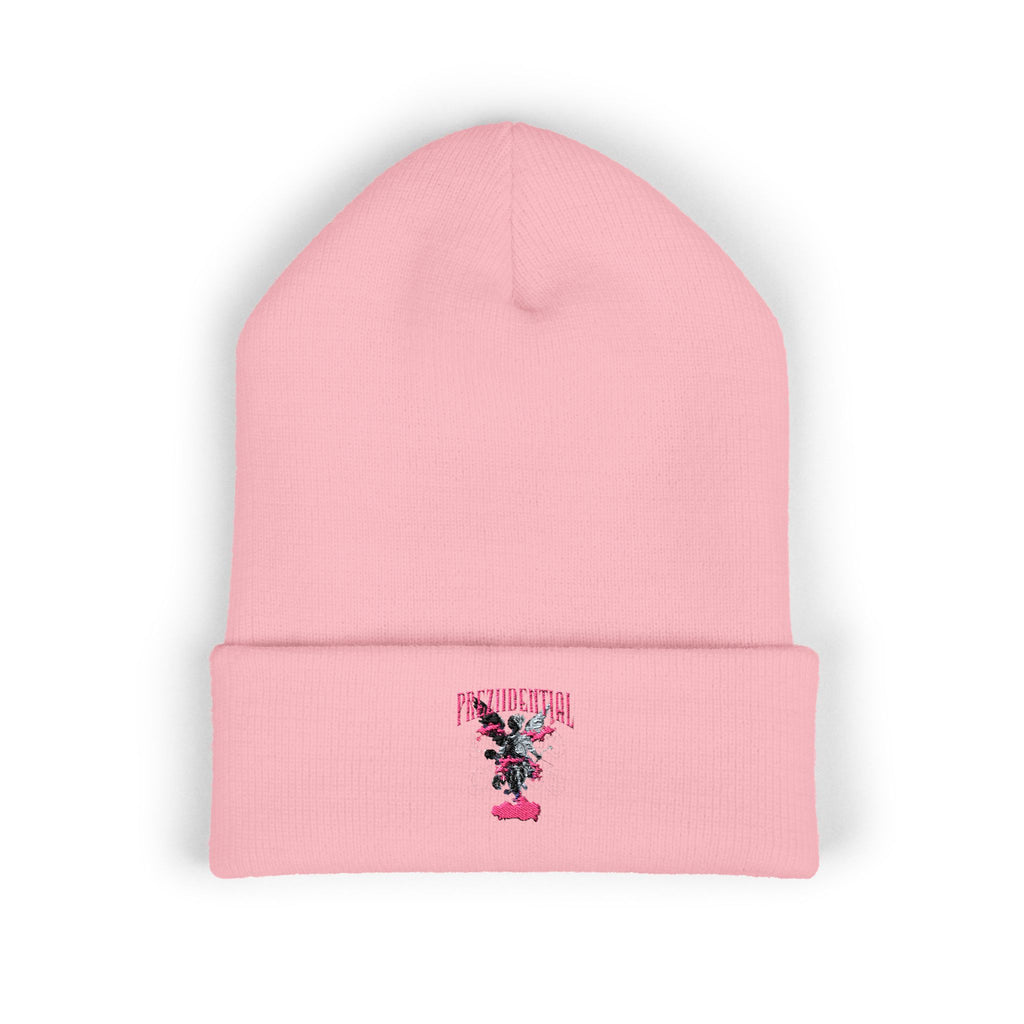 Embroidered Floral Cross Cuffed Beanie — Pink Garden Winter Hat