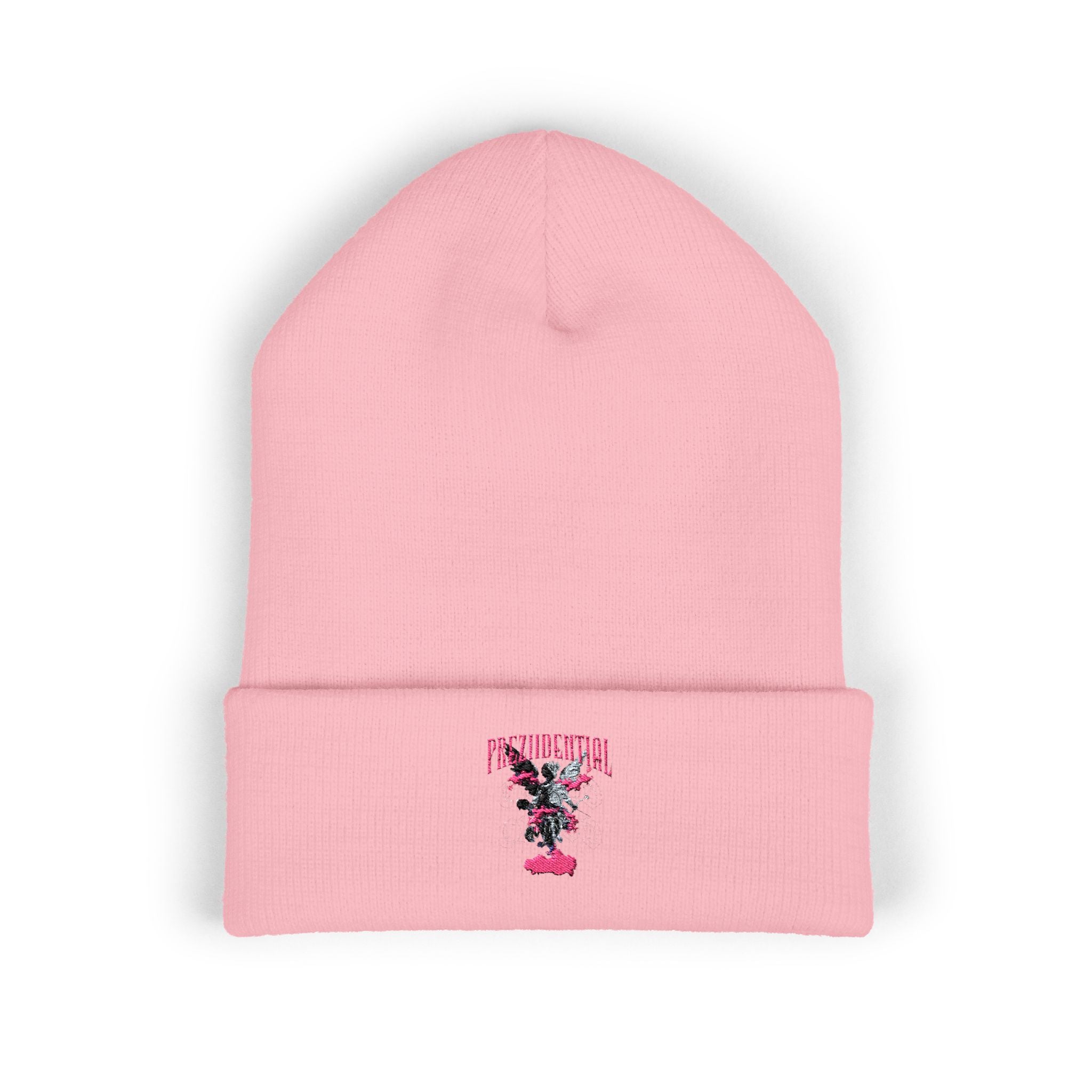 Embroidered Floral Cross Cuffed Beanie — Pink Garden Winter Hat