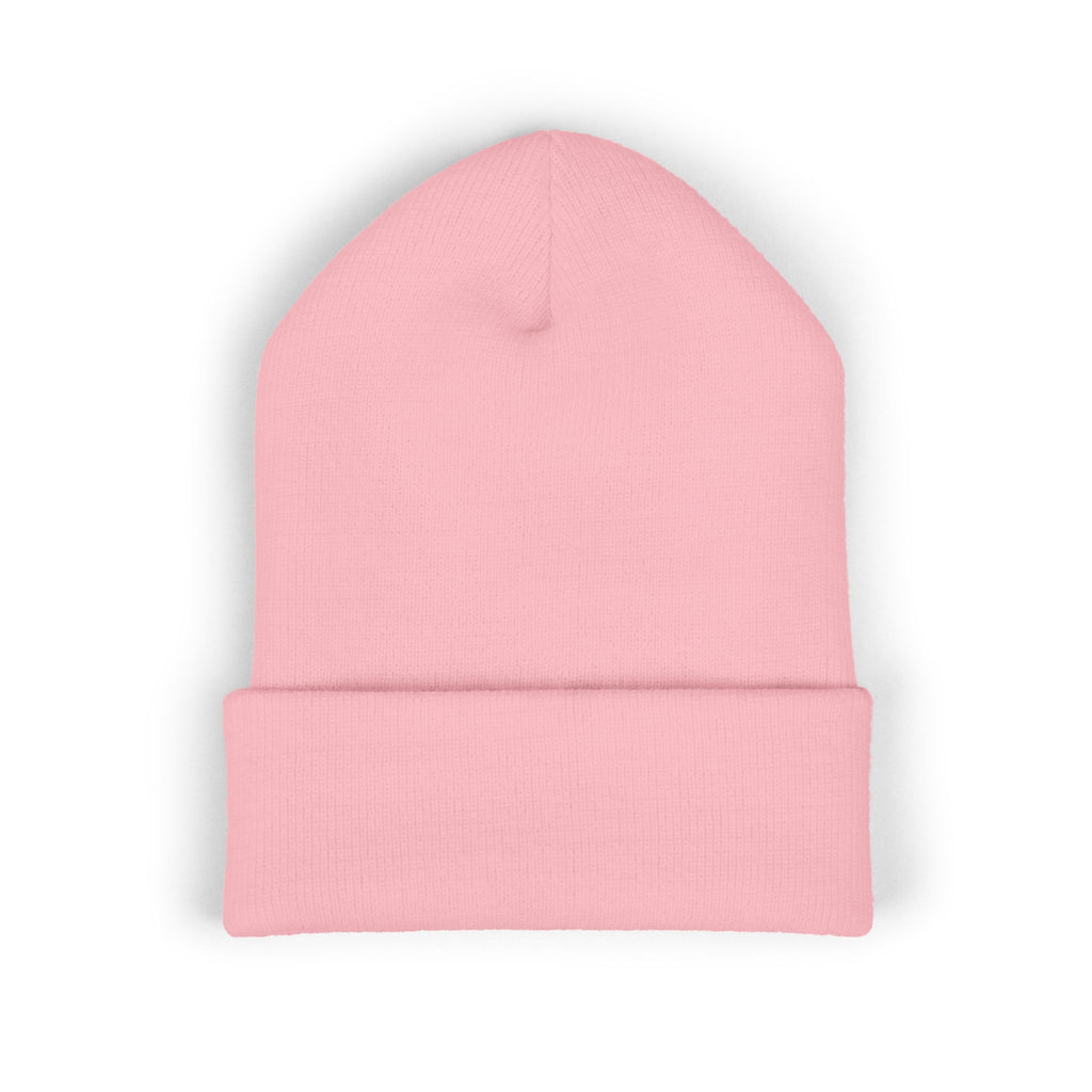 Embroidered Floral Cross Cuffed Beanie — Pink Garden Winter Hat