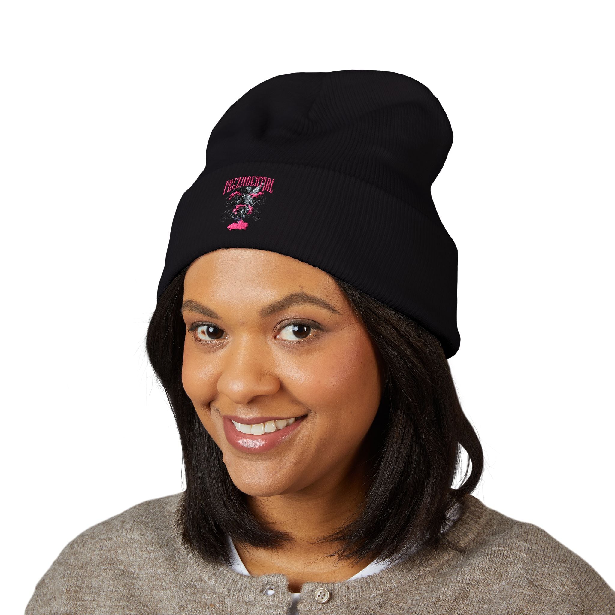 Embroidered Floral Cross Cuffed Beanie — Pink Garden Winter Hat