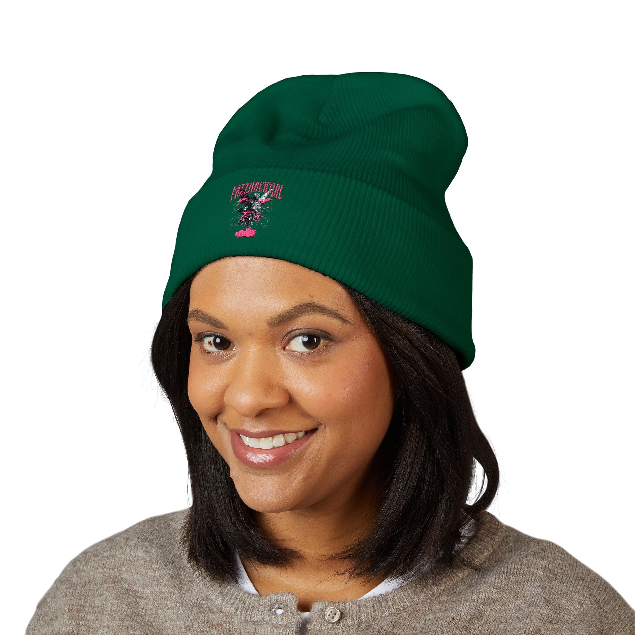 Embroidered Floral Cross Cuffed Beanie — Pink Garden Winter Hat