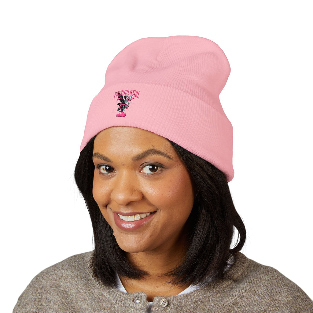 Embroidered Floral Cross Cuffed Beanie — Pink Garden Winter Hat