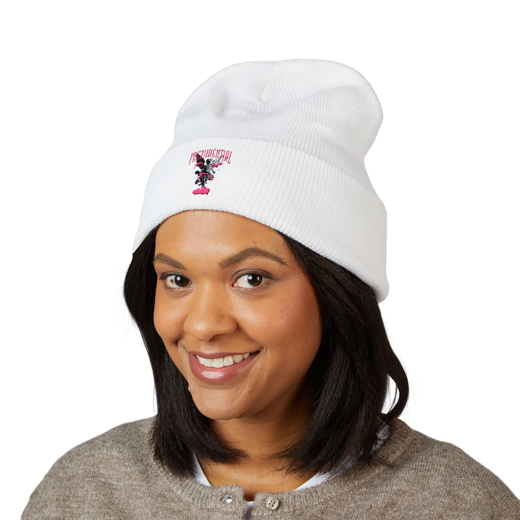 Embroidered Floral Cross Cuffed Beanie — Pink Garden Winter Hat