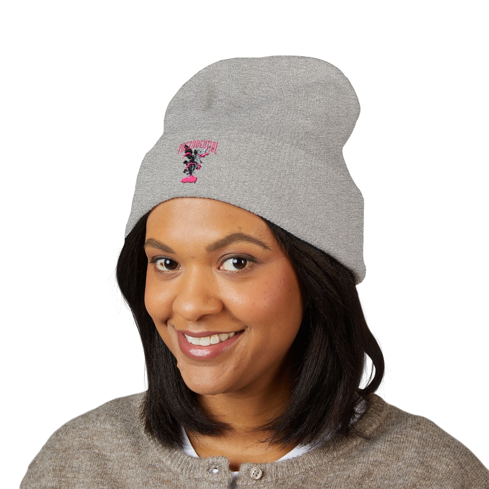 Embroidered Floral Cross Cuffed Beanie — Pink Garden Winter Hat