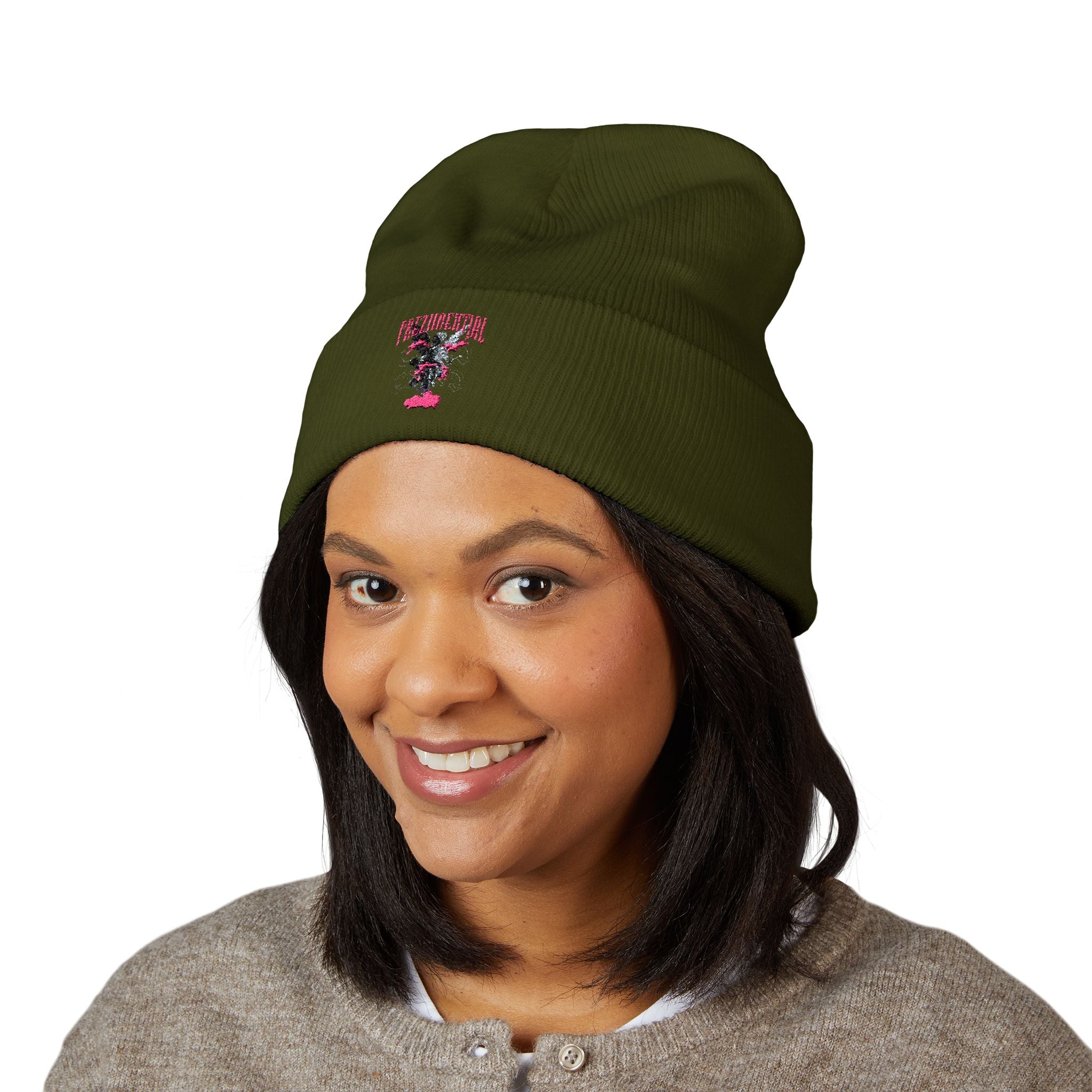 Embroidered Floral Cross Cuffed Beanie — Pink Garden Winter Hat
