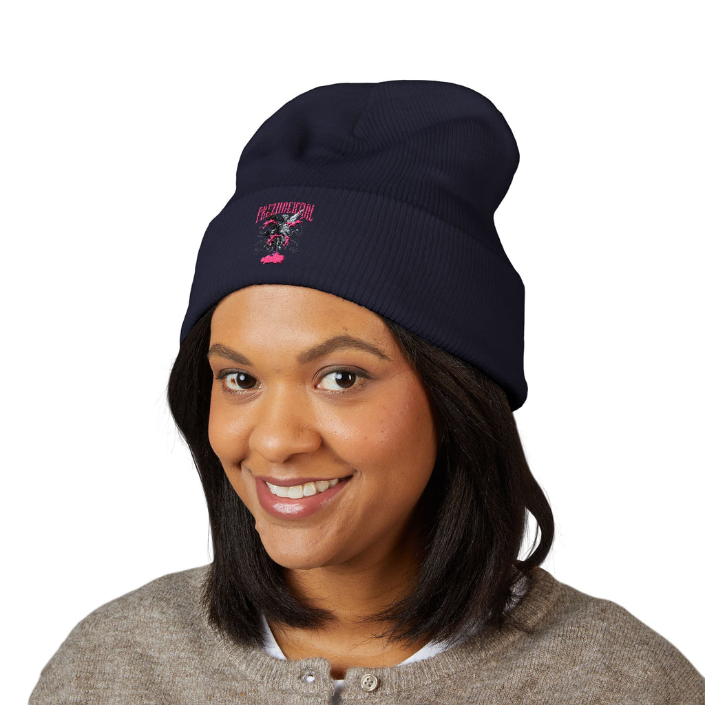 Embroidered Floral Cross Cuffed Beanie — Pink Garden Winter Hat